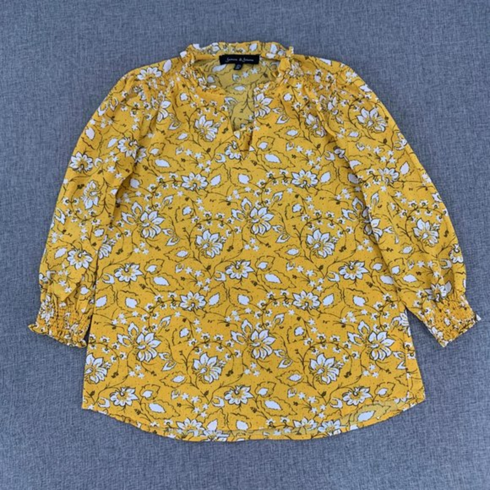 Jasmine & Juliana Yellow Floral Blouse‎ Small 3/4th Sleeves Ruffled Neckline